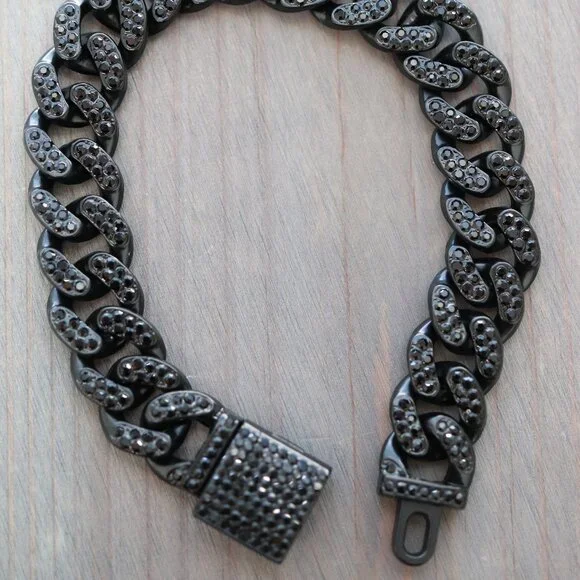 13mm 8inches Cuban Ice Round Curb Diamond Chain Black Bracelet - Picture 2 of 2